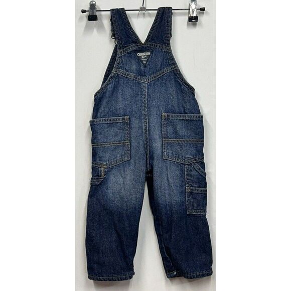 OSHKOSH B’GOSH Overalls Size 12 Months Dark Denim Blue Fleece Lined Diaper Snaps - Picture 3 of 10